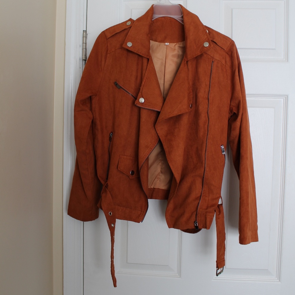 Faux suede burnt orange biker jacket